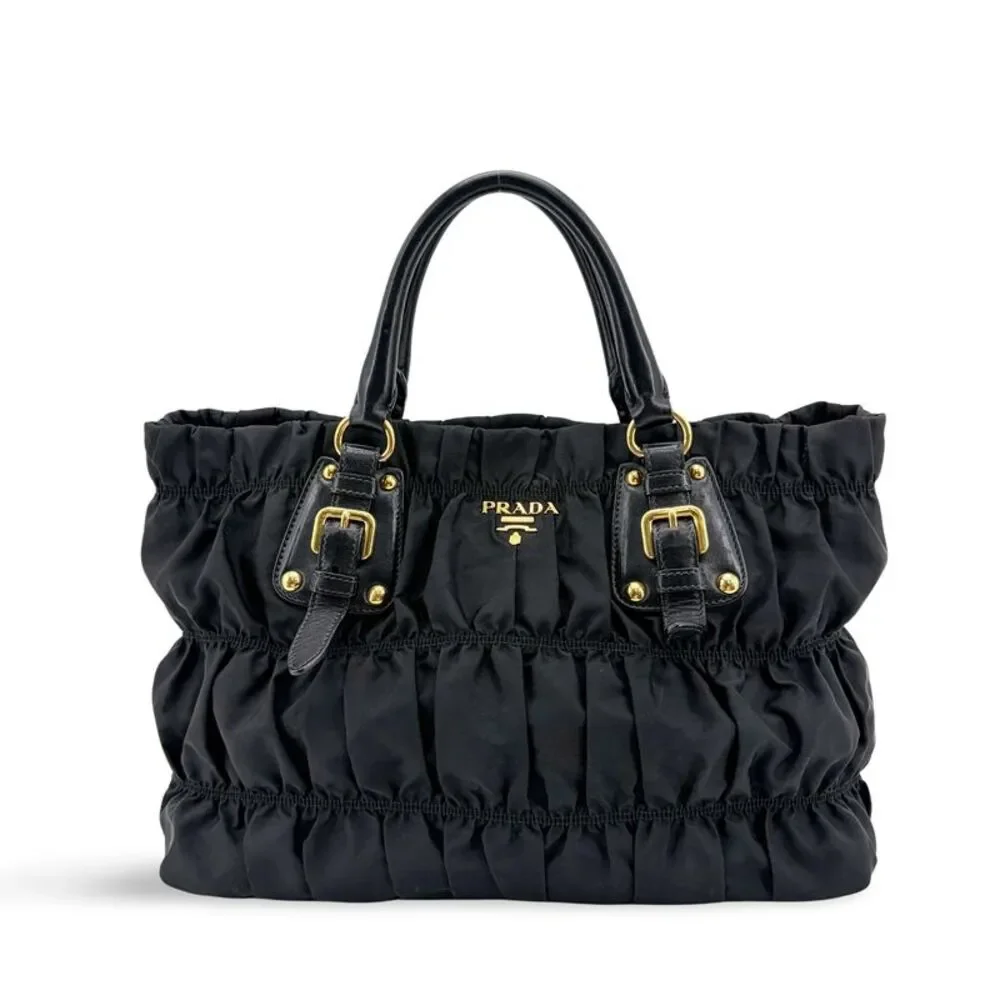 Prada Tessuto Gaufre Shirred Tote Bag Black